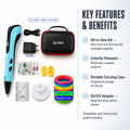 Blue 3D drawing pen kit with carry case, charger, filament, stand and templates