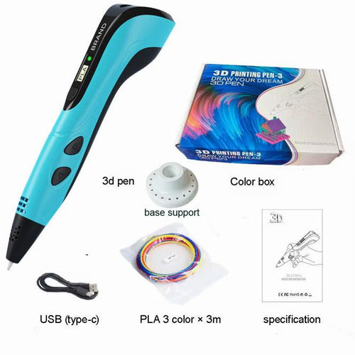 What's in the box: blue 3D pen, USB-C cable, base stand, 3 colours of PLA filament, instruction manual and colour gift box