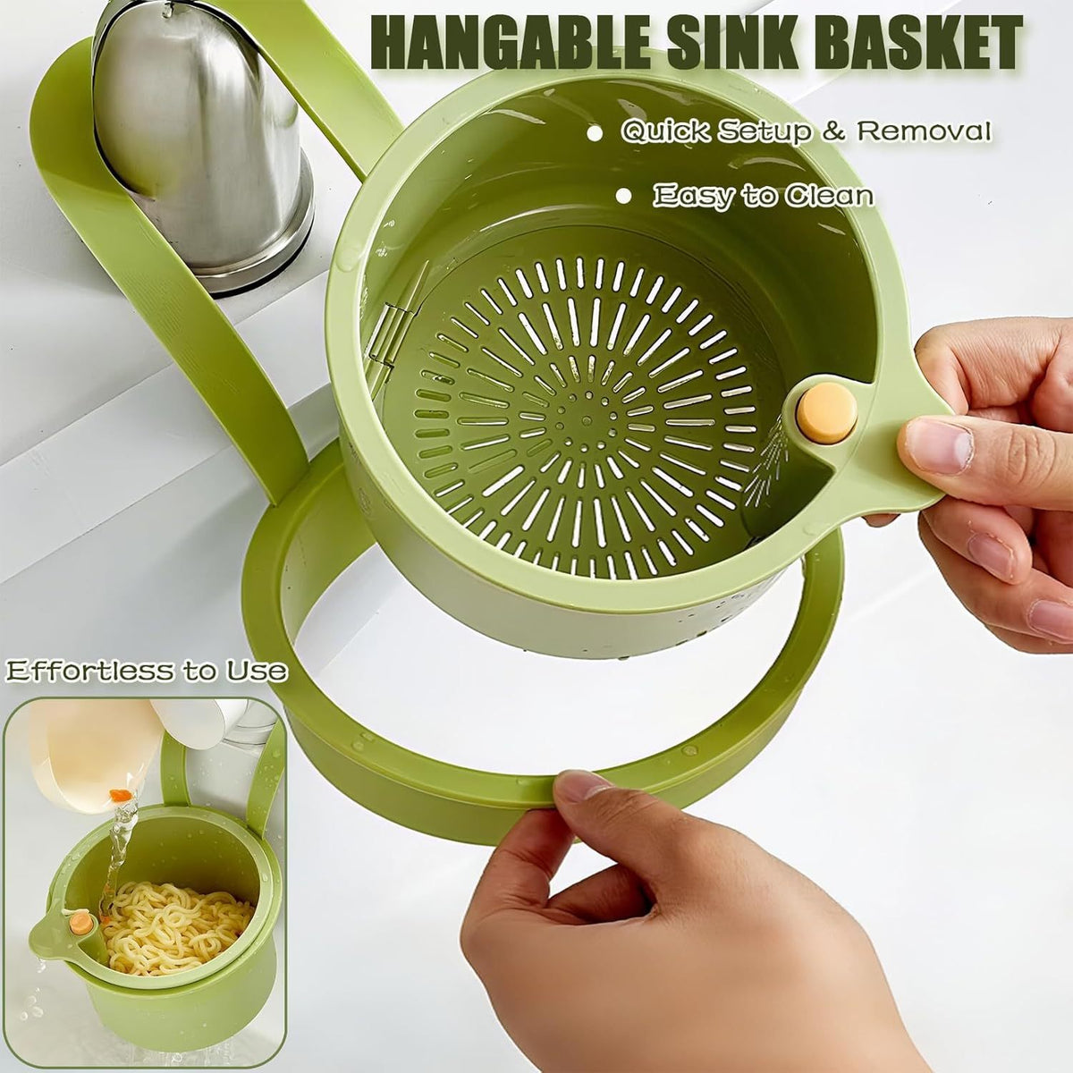 Green hanging sink basket with quick setup and removal