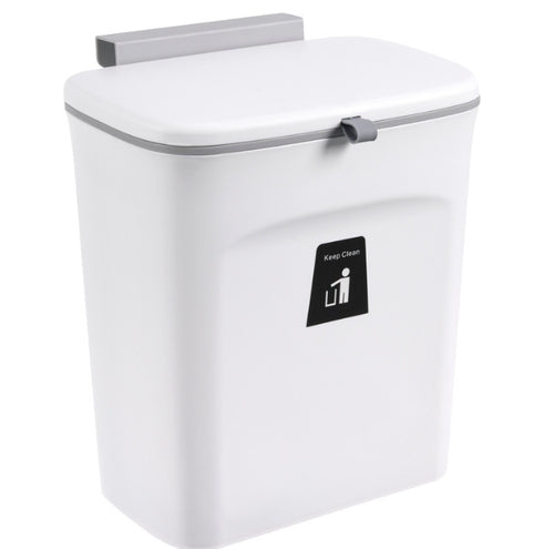 White hanging kitchen trash bin with lid