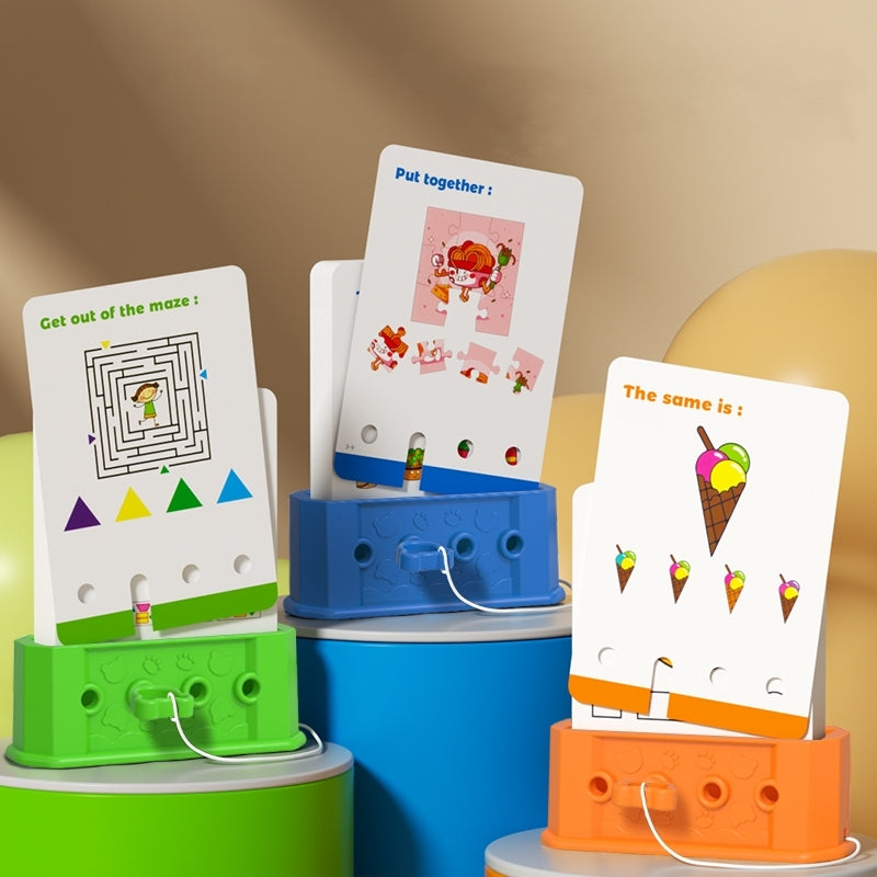 Logic key puzzle cards in 3 levels: green, blue and orange bases