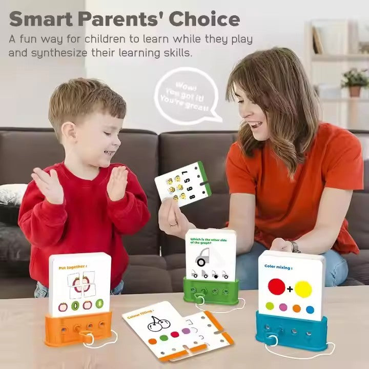 Parent and child playing with logic key puzzle cards