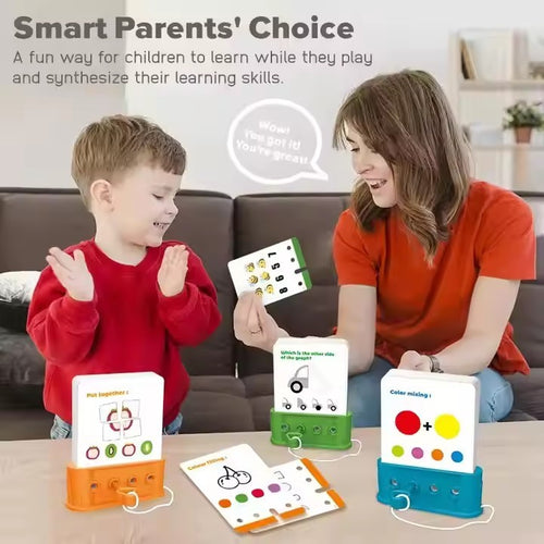 Parent and child playing with logic key puzzle cards