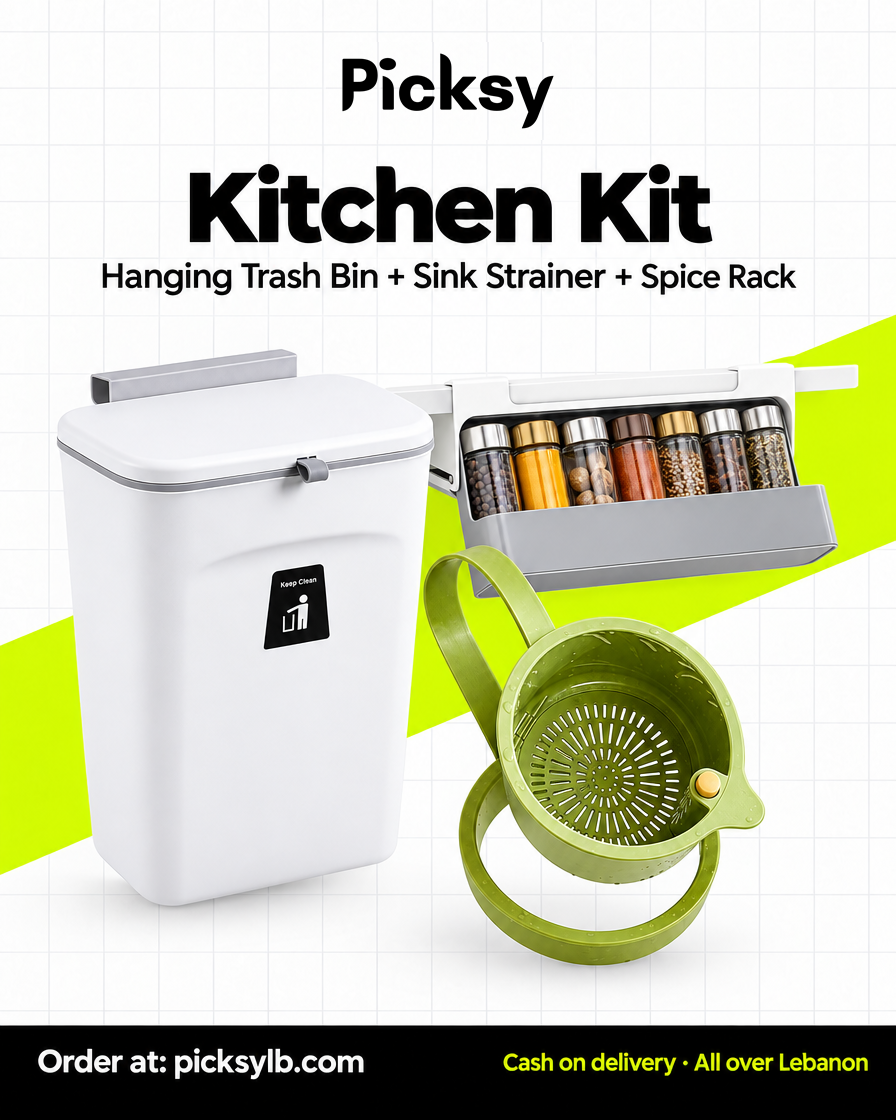 Picksy Kitchen Kit: hanging trash bin, sink strainer and spice rack